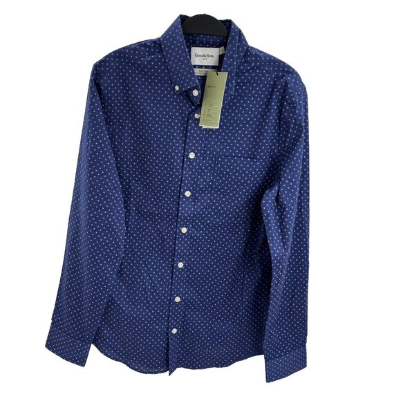 Goodfellow Co Mens S Navy Blue Dot Print Long Sleeve Slim Button Up Shirt New - Picture 1 of 6